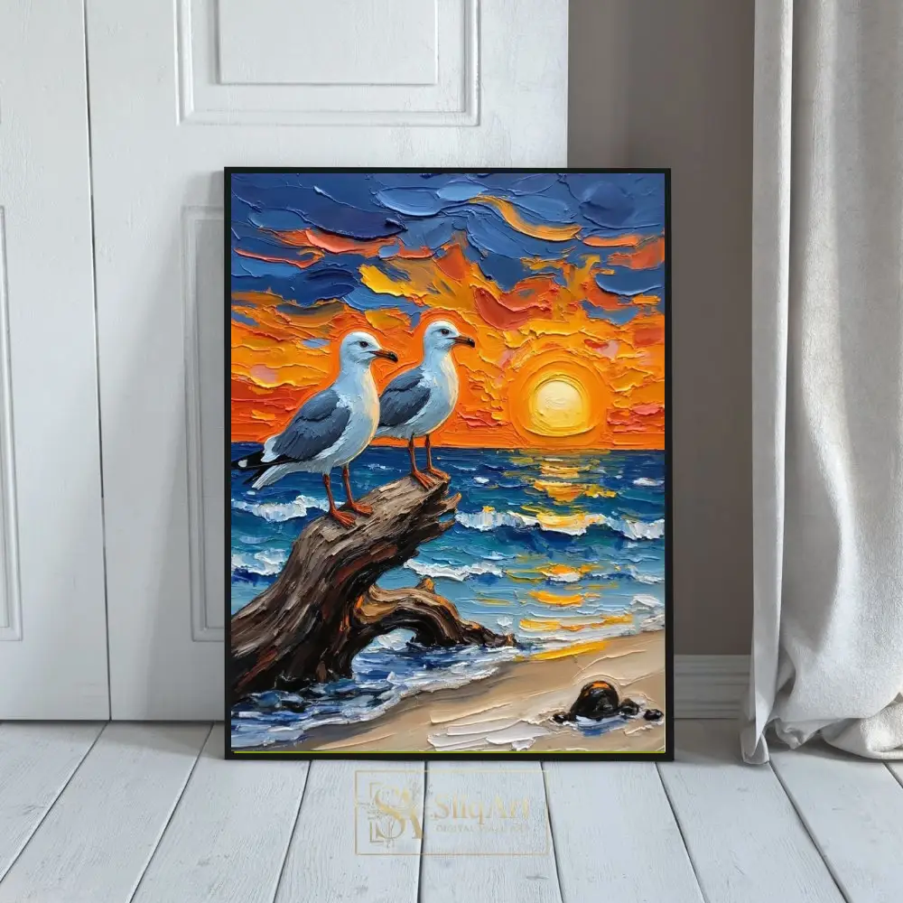 Impasto Seagulls Sunset Beach Canvas Art - Vibrant Coastal Wall Decor