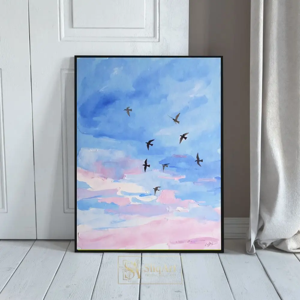 Birds Soaring Through Pastel Clouds Impressionist Wall Art