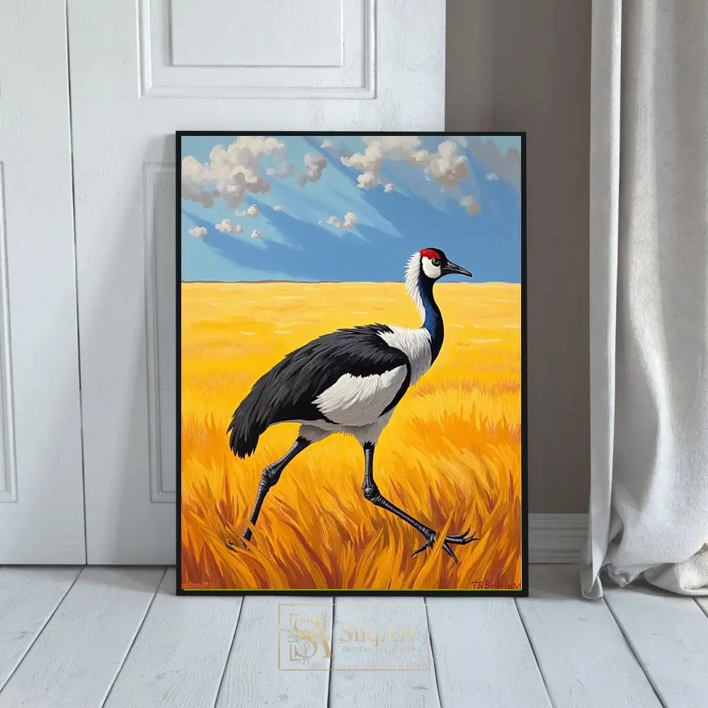 Majestic Crane in Golden Fields Wall Art - Modern Wildlife Painting