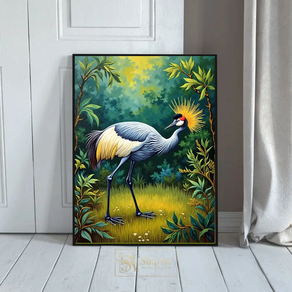 Majestic Grey Crowned Crane Forest Art Print