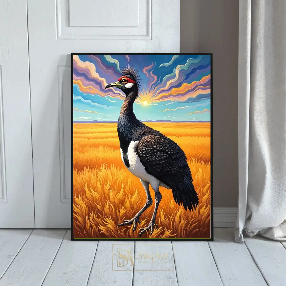 Grey Crowned Crane Golden Field Art Print | Vibrant Wildlife Wall Decor