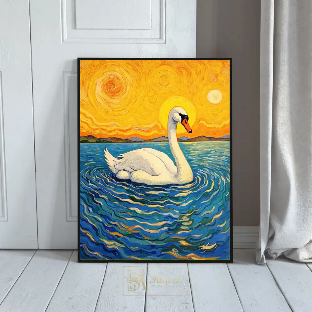 Ethereal Swan on Golden Ripples - Van Gogh Style Impressionist Wall Art