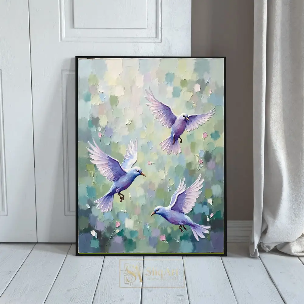 Ethereal Flight: Impressionist Purple Birds Textured Canvas Art