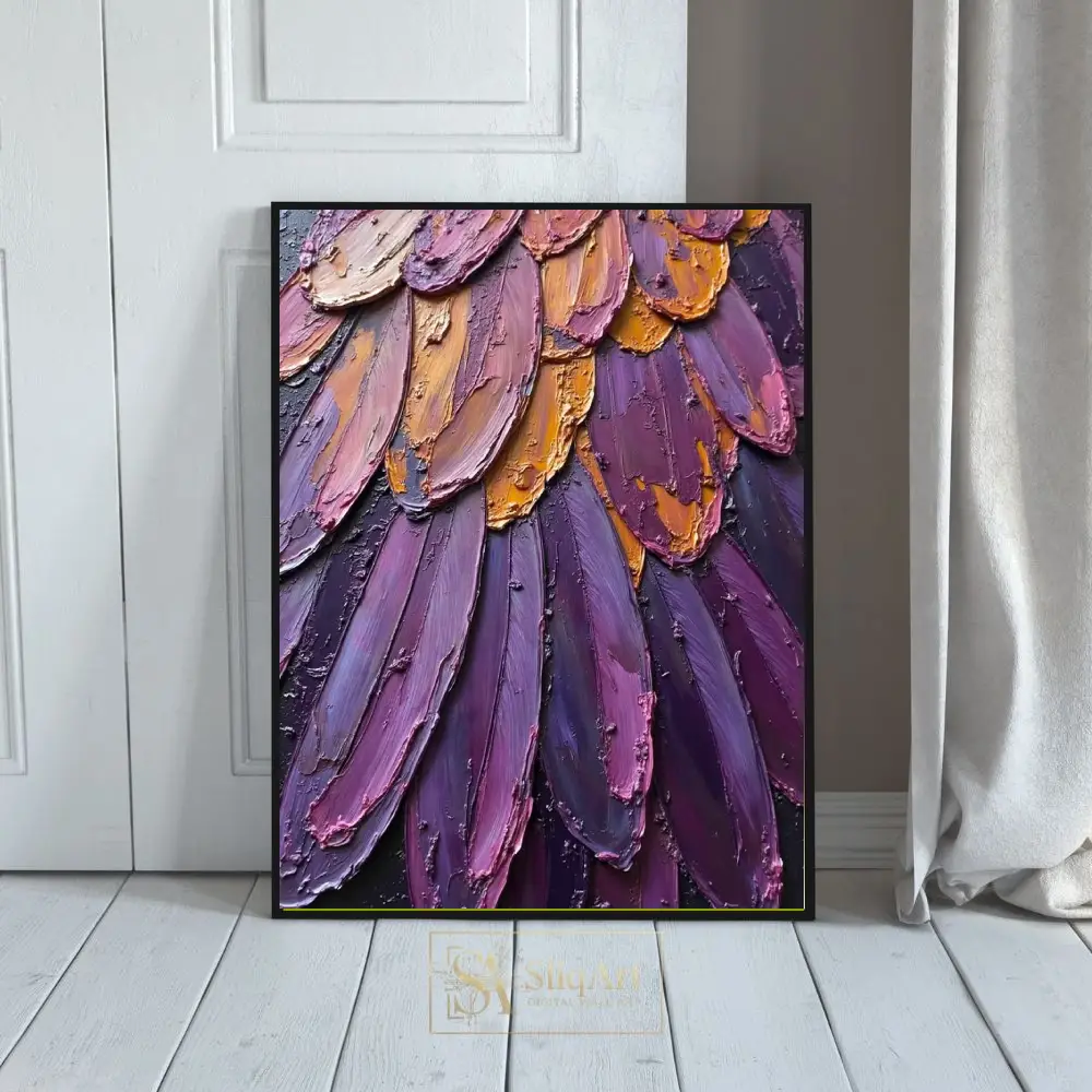 Impasto Purple and Gold Feather Wall Art | Textured Abstract Decor