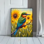 BRD vivid perched on branch sunflowers in background 392