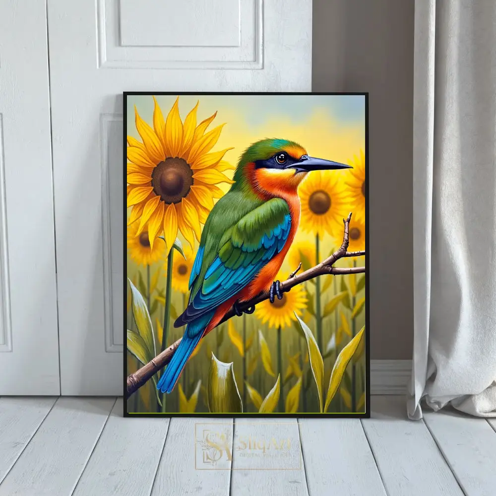 BRD-vivid-perched-on-branch-sunflowers-in-background-392-01 BRD vivid perched on branch sunflowers in background 392