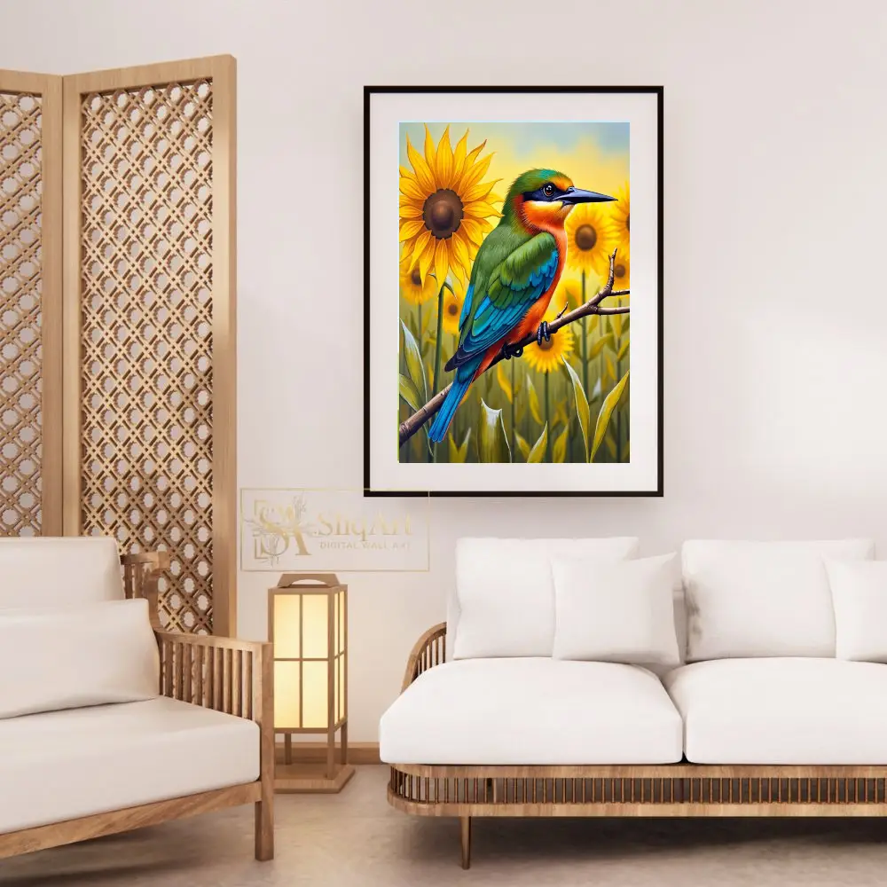 BRD-vivid-perched-on-branch-sunflowers-in-background-392-03 BRD vivid perched on branch sunflowers in background 392