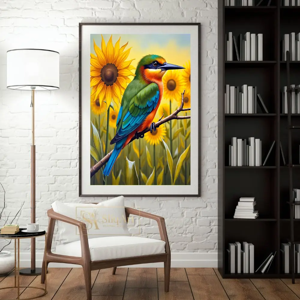 BRD-vivid-perched-on-branch-sunflowers-in-background-392-04 BRD vivid perched on branch sunflowers in background 392