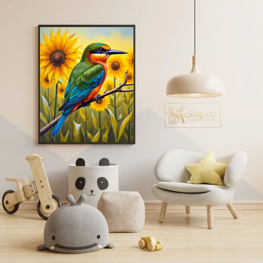 BRD-vivid-perched-on-branch-sunflowers-in-background-392-05 BRD vivid perched on branch sunflowers in background 392