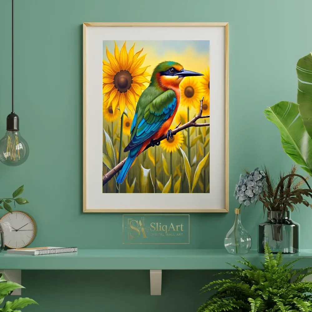 BRD-vivid-perched-on-branch-sunflowers-in-background-392-06 BRD vivid perched on branch sunflowers in background 392