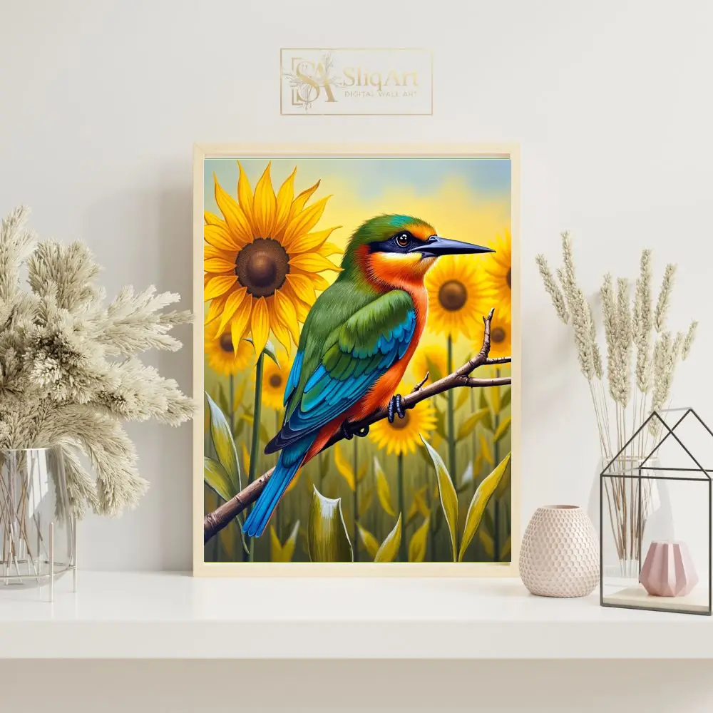 BRD-vivid-perched-on-branch-sunflowers-in-background-392-07 BRD vivid perched on branch sunflowers in background 392