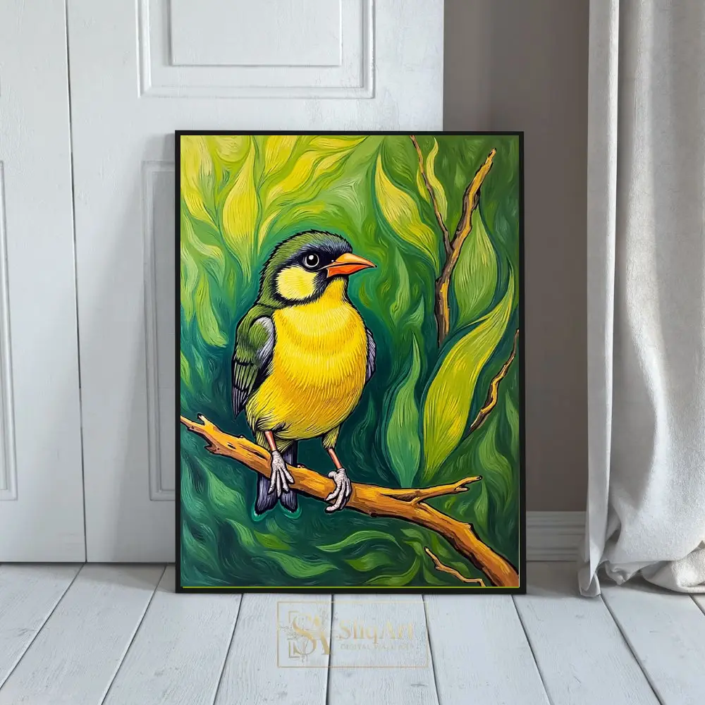 Vibrant Songbird Impressionist Wall Art | Green & Yellow Nature Canvas