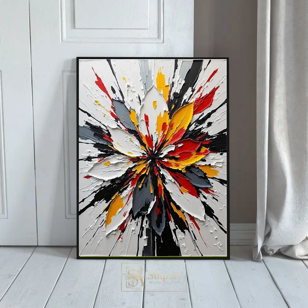 Bold Abstract Floral Canvas Art - Red, Yellow & Black Impasto