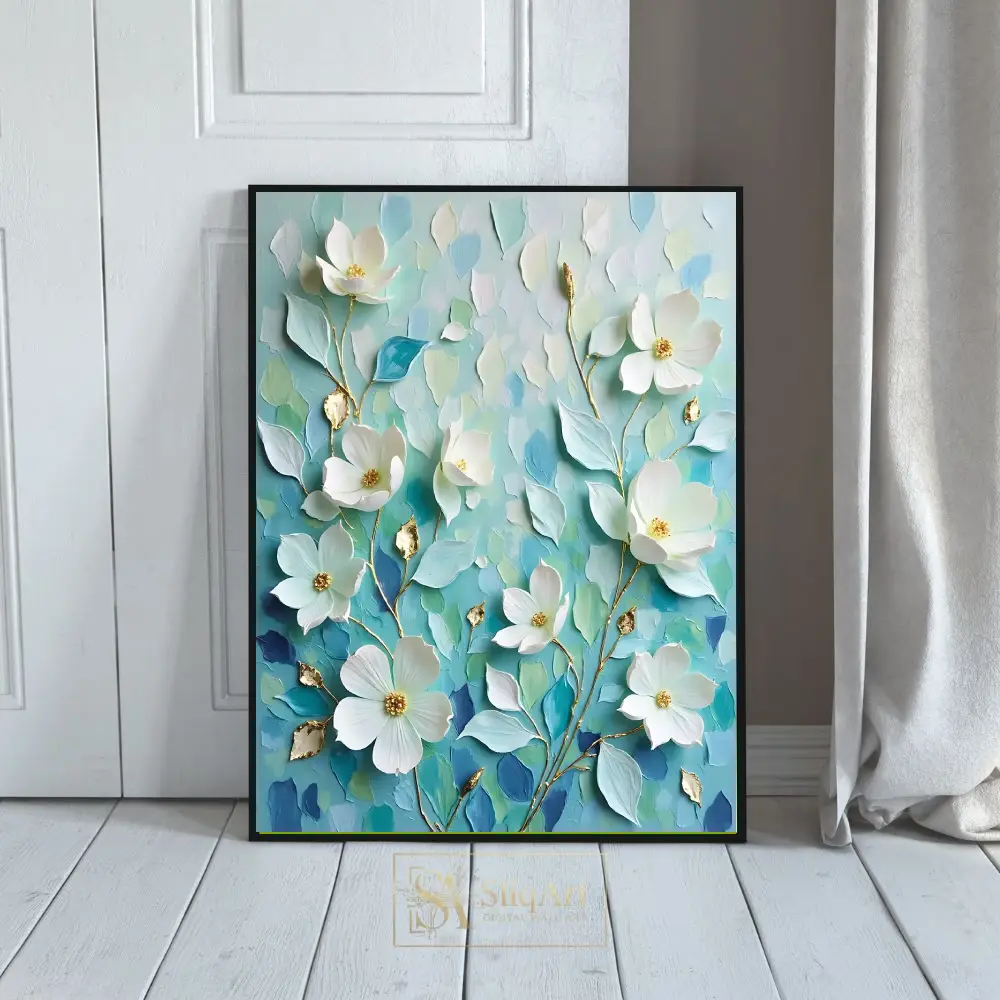 Ethereal White Blooms: Textured Impasto Floral Art with Gold Accents