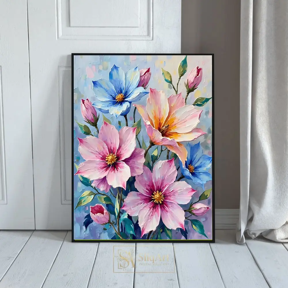 Textured Floral Bloom Canvas Art - Pink and Blue Impressionist Flowers