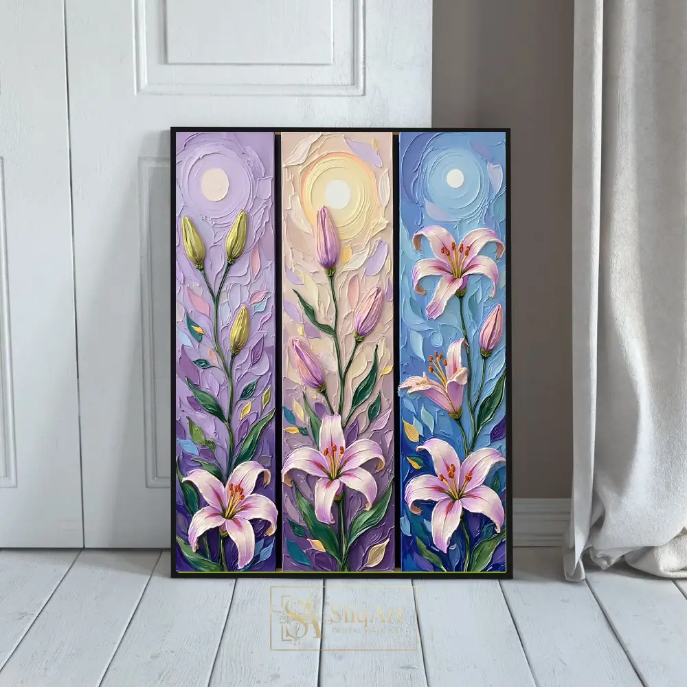Tranquil Triptych: Impasto Lily 3-Panel Textured Wall Art