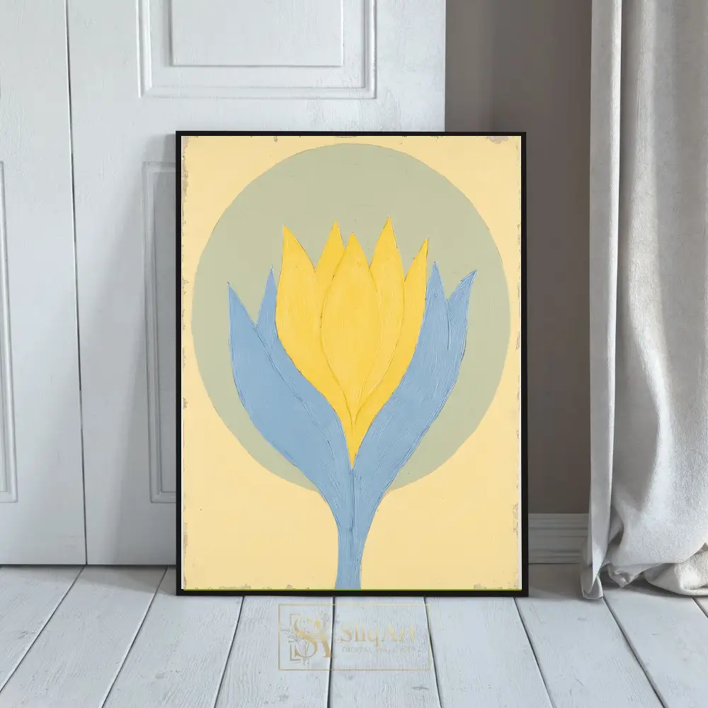 Minimalist Textured Yellow and Blue Abstract Floral Art