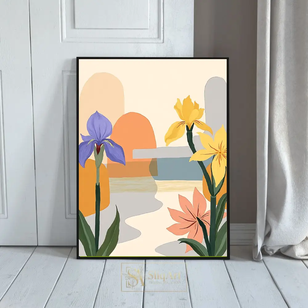 Modern Abstract Iris and Geometric Landscape Botanical Wall Art