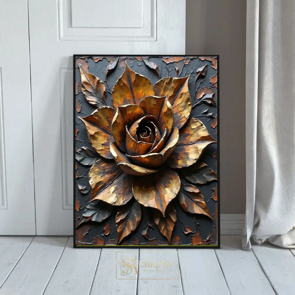 3D Textured Bronze Rose Wall Art - Metallic Rustic Floral Canvas
