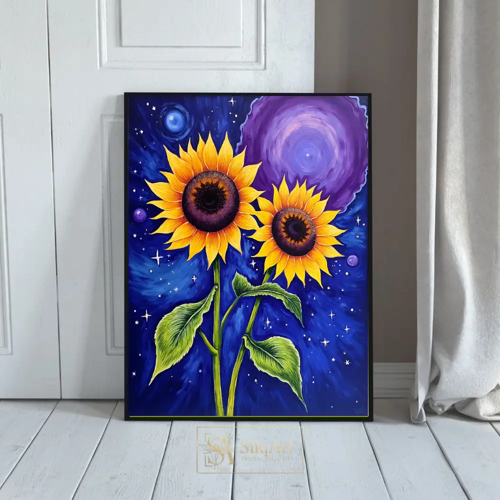 Cosmic Sunflower Celestial Wall Art - Vibrant Floral Space Decor
