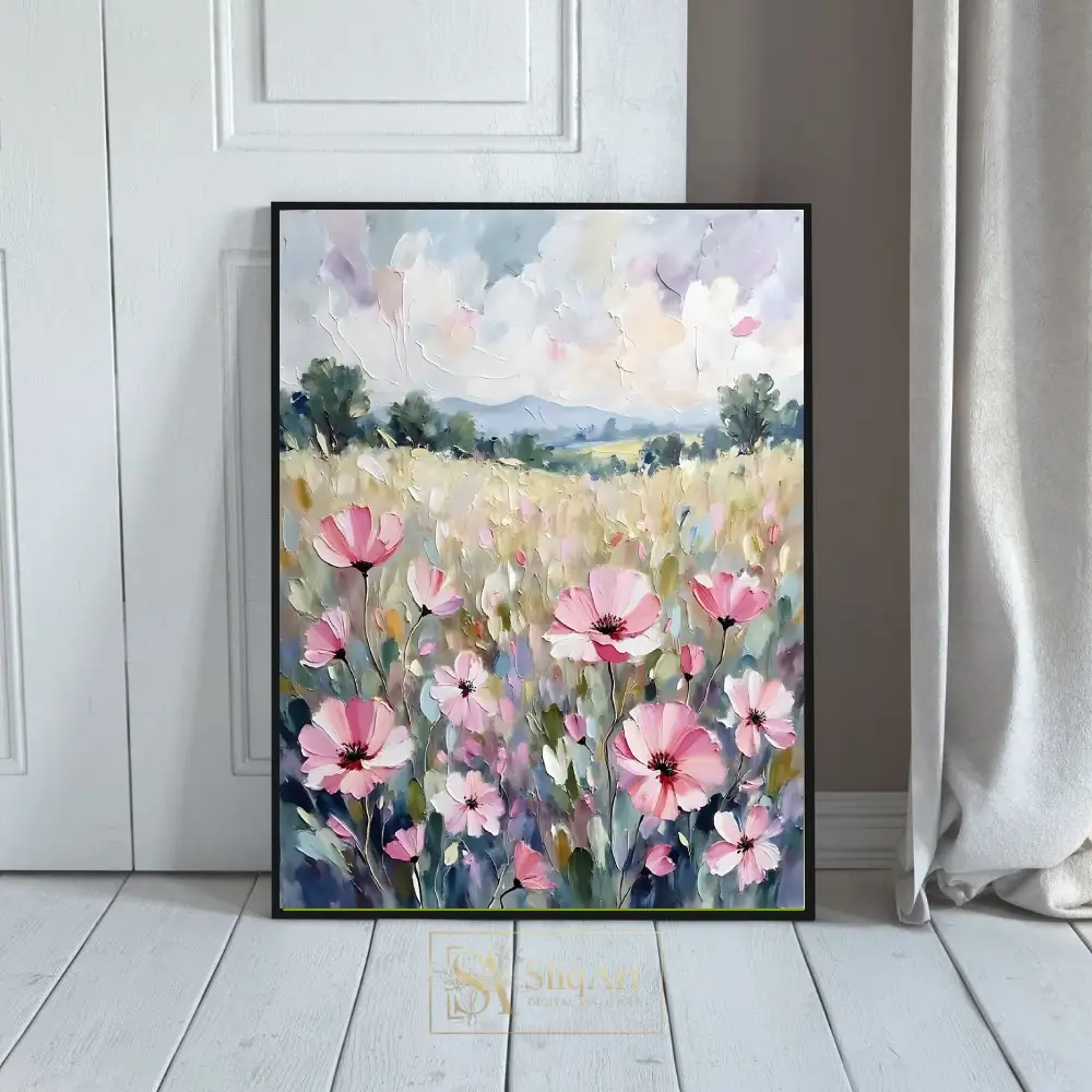 Impressionist Pink Cosmos Field Oil Painting Canvas Art