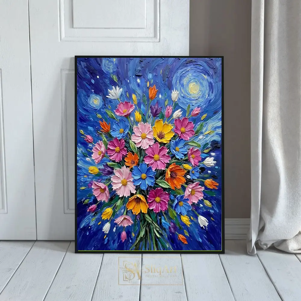 Floral Starry Night Impasto Canvas Art - Vibrant Flower Bouquet