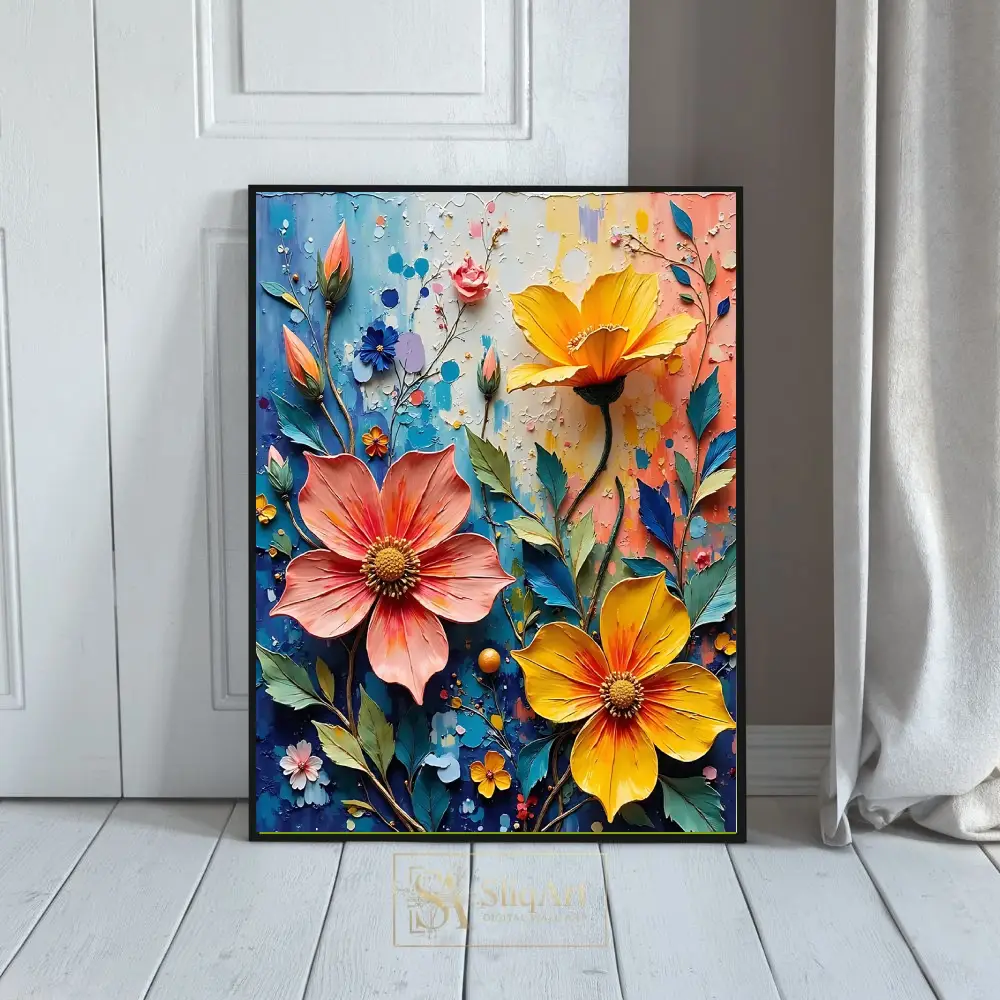 Vibrant 3D Impasto Floral Wall Art | Textured Yellow & Coral Flowers