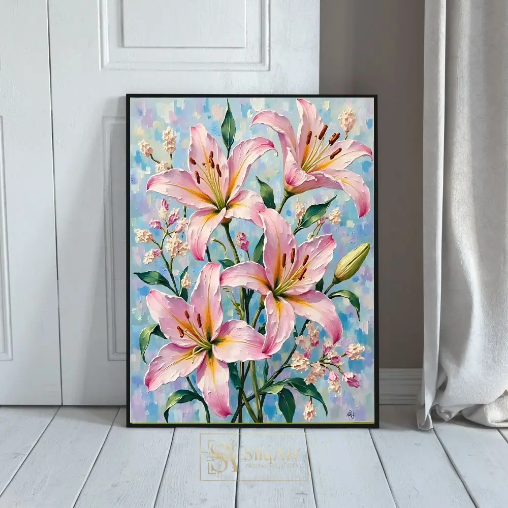 Ethereal Pink Lily Blooms - Textured Floral Oil Painting Wall Art
