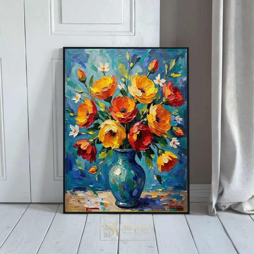 Vibrant Impasto Floral Oil Painting - Orange & Yellow Flowers in Blue Vase