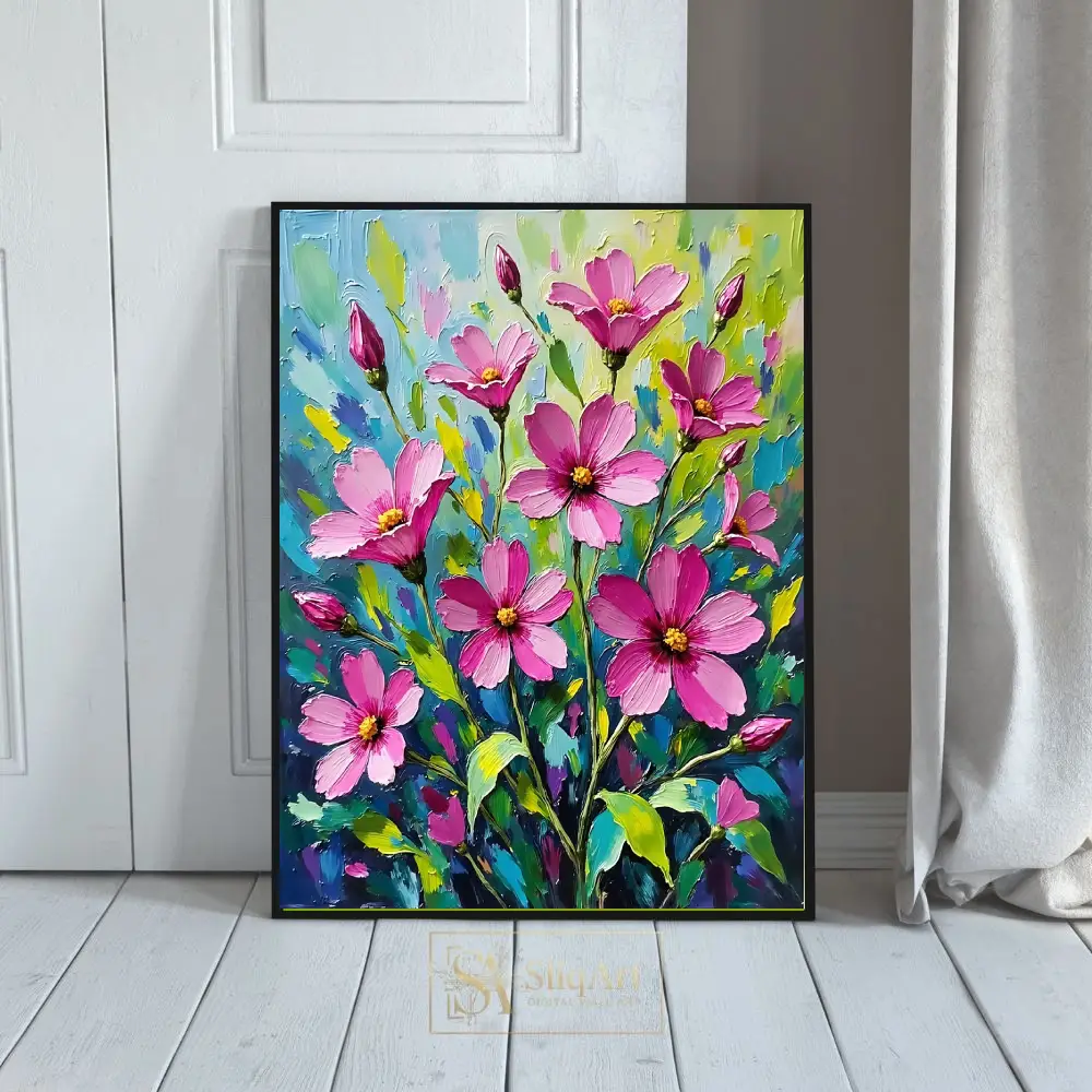 Vibrant Pink Cosmos Impasto Oil Painting - Textured Floral Canvas Art