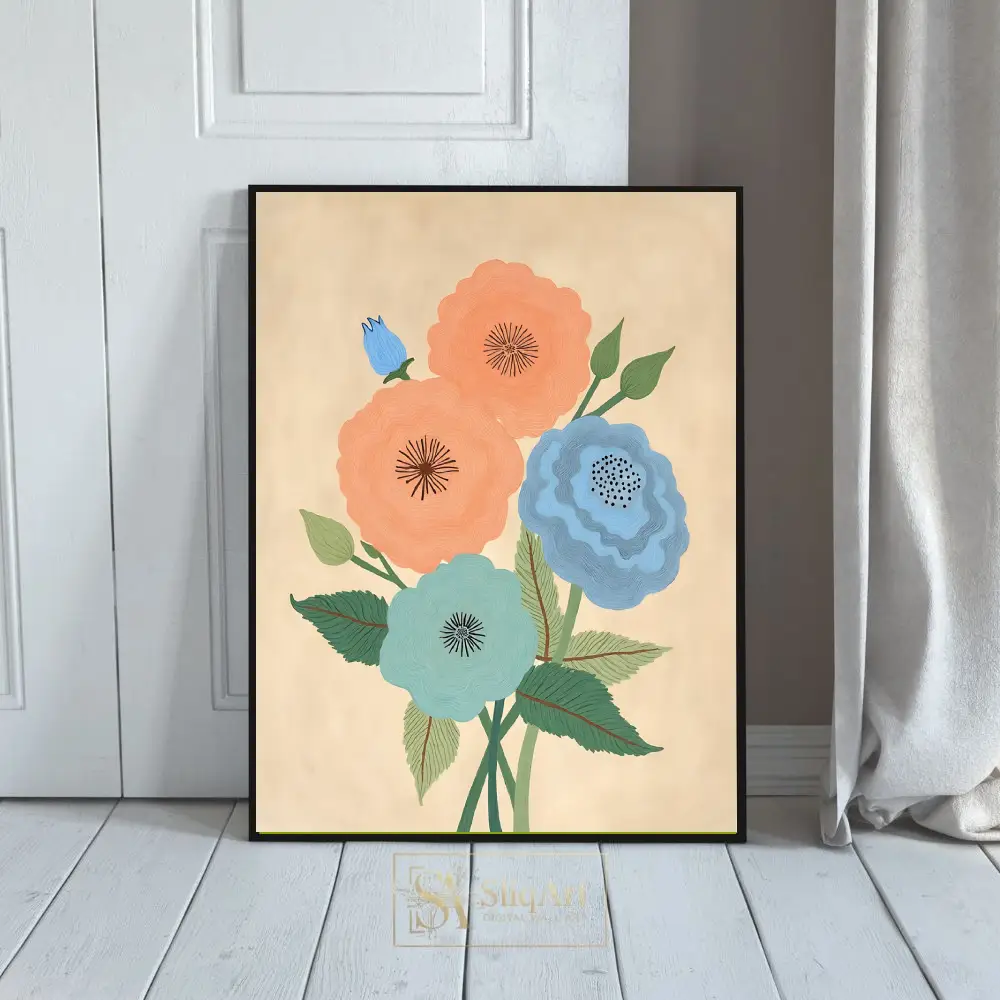 Folk Art Floral Bouquet Canvas Print - Whimsical Botanical Wall Art