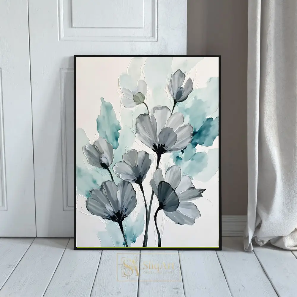 Teal and Grey Abstract Floral Canvas Art - Modern Botanical Wall Decor
