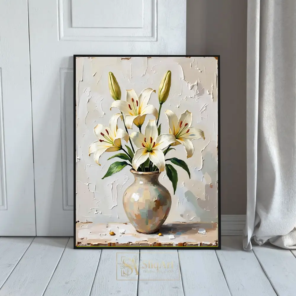 Elegant White Lilies Impasto Oil Painting - Textured Floral Wall Art