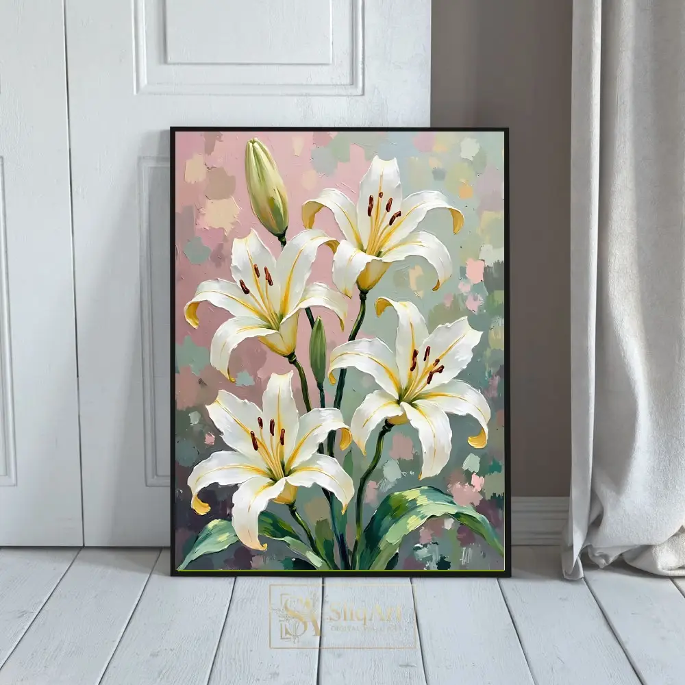 White Lily Floral Canvas Wall Art - Impressionist Bloom