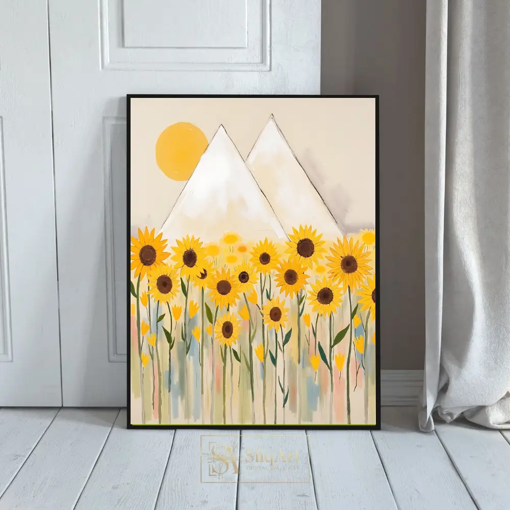 Golden Sunflower Mountain Landscape Canvas Art
