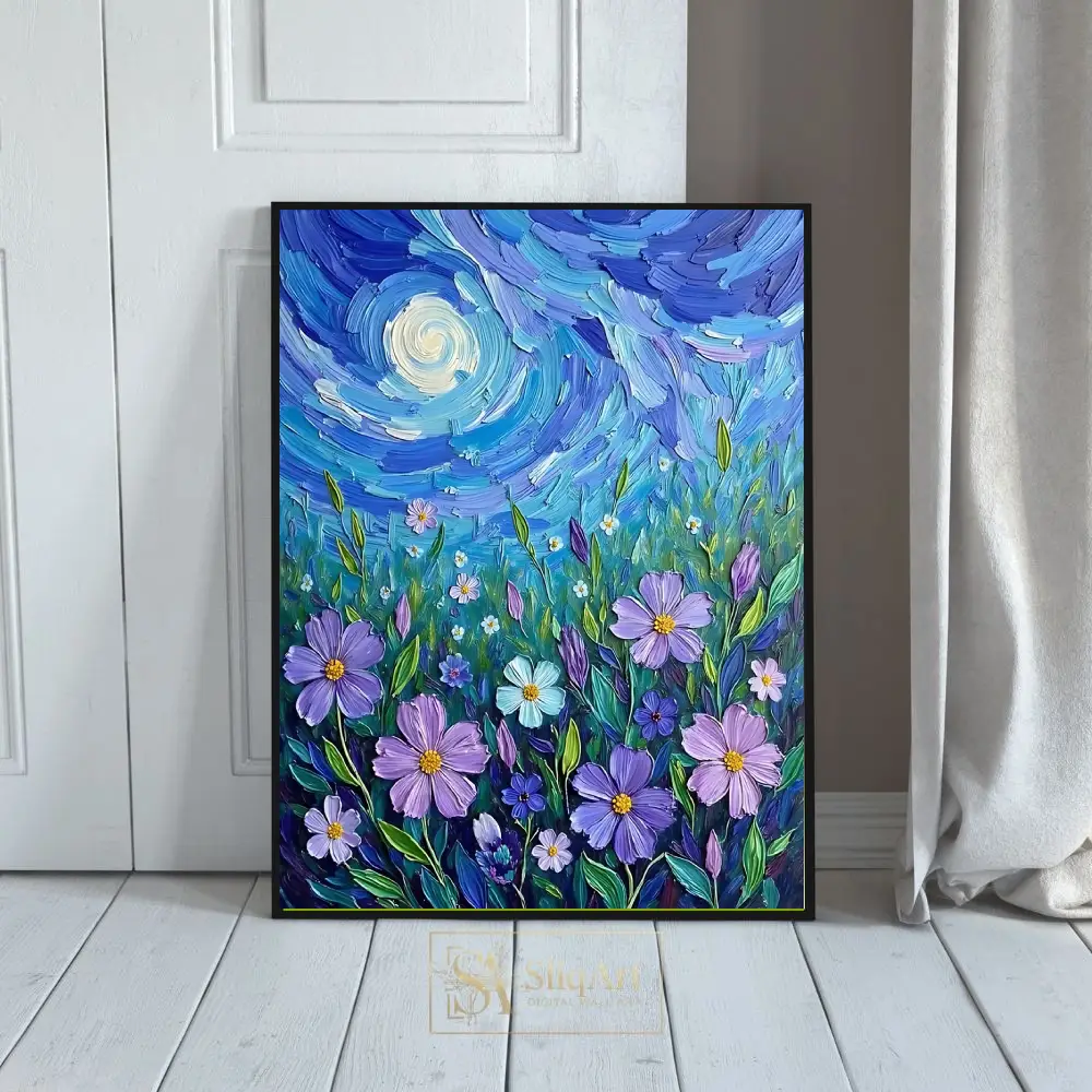 Impasto Moonlit Wildflower Meadow Canvas Art - Textured Night Garden Wall Decor