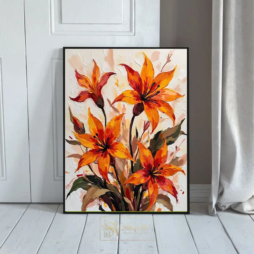 Vibrant Orange Lily Palette Knife Painting - Textured Floral Wall Art