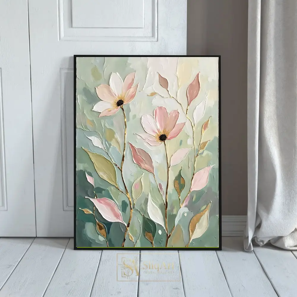 Textured Pink Floral Palette Knife Painting - Sage Green & Gold Wall Art