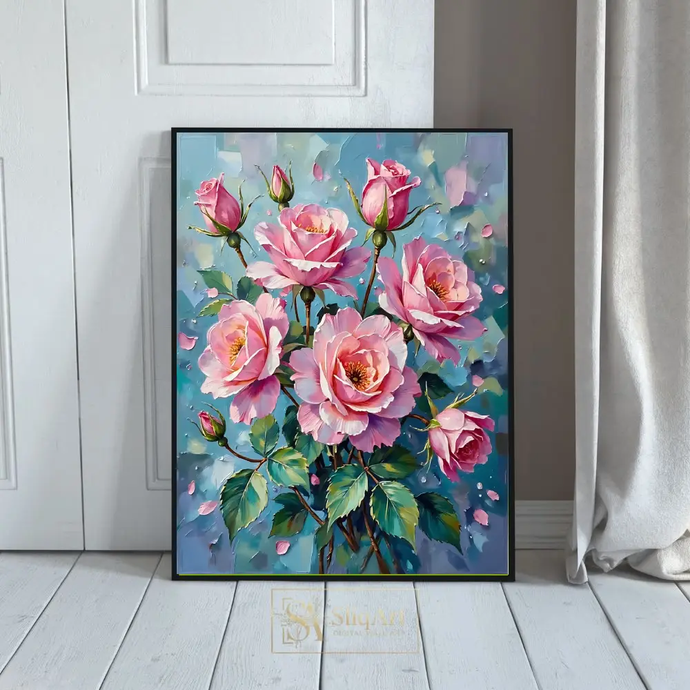 Impressionist Pink Roses Canvas Art - Textured Floral Oil Painting
