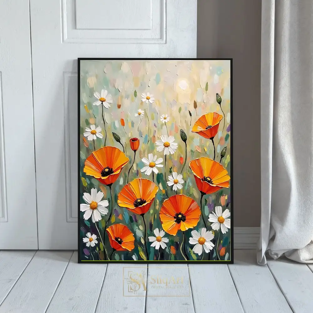 Impasto Orange Poppies and White Daisies Floral Canvas Art
