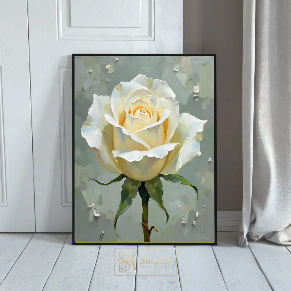 Elegant White Rose Impasto Oil Painting - Floral Wall Art