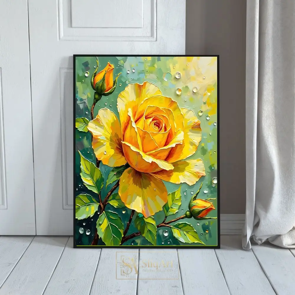 Vibrant Yellow Rose Impasto Canvas Art - Modern Floral Wall Decor
