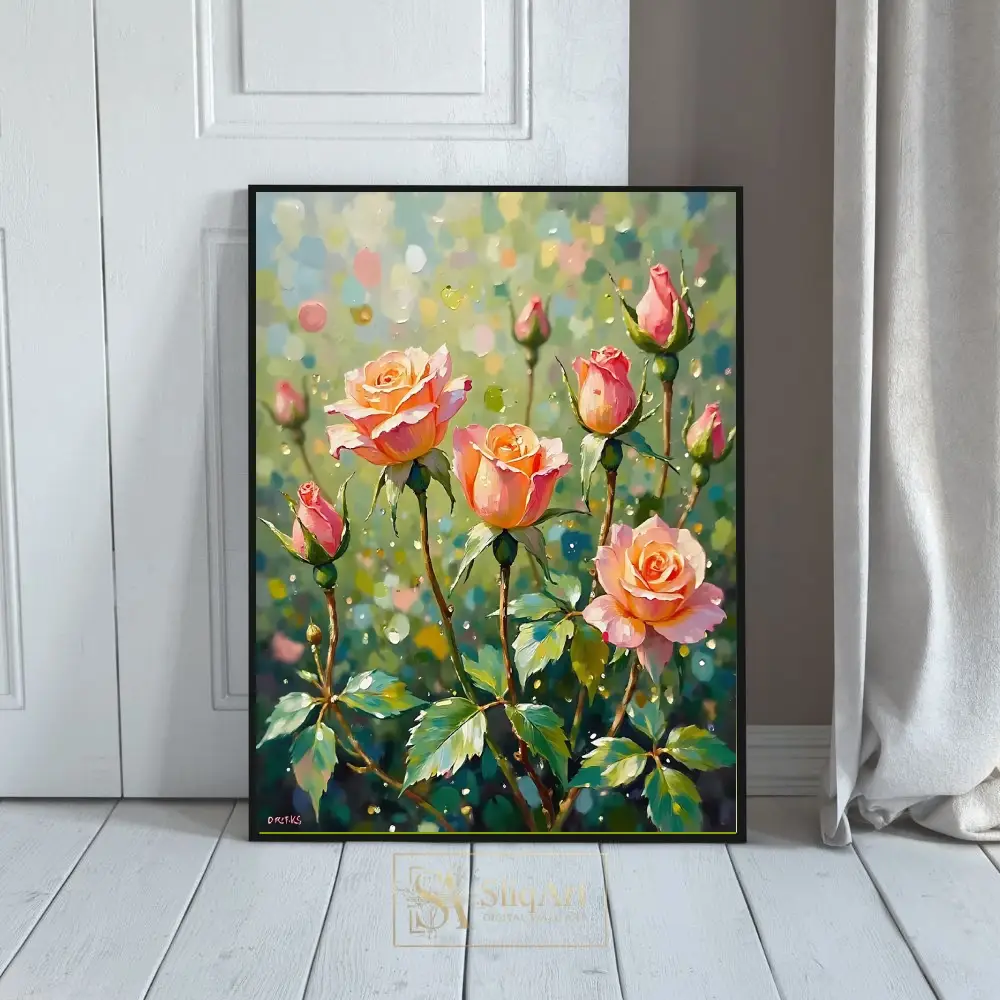 Impressionist Peach Roses Canvas Art - Floral Garden Wall Decor