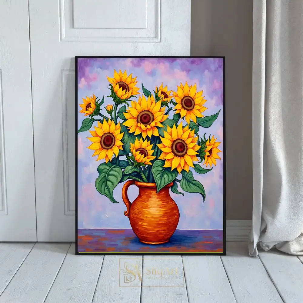 Vibrant Sunflower Bouquet in Orange Vase - Post-Impressionist Style Canvas Art
