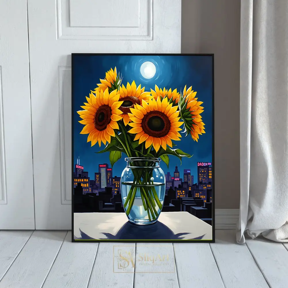 Midnight Sunflowers Cityscape Canvas Art - Vibrant Floral Wall Decor