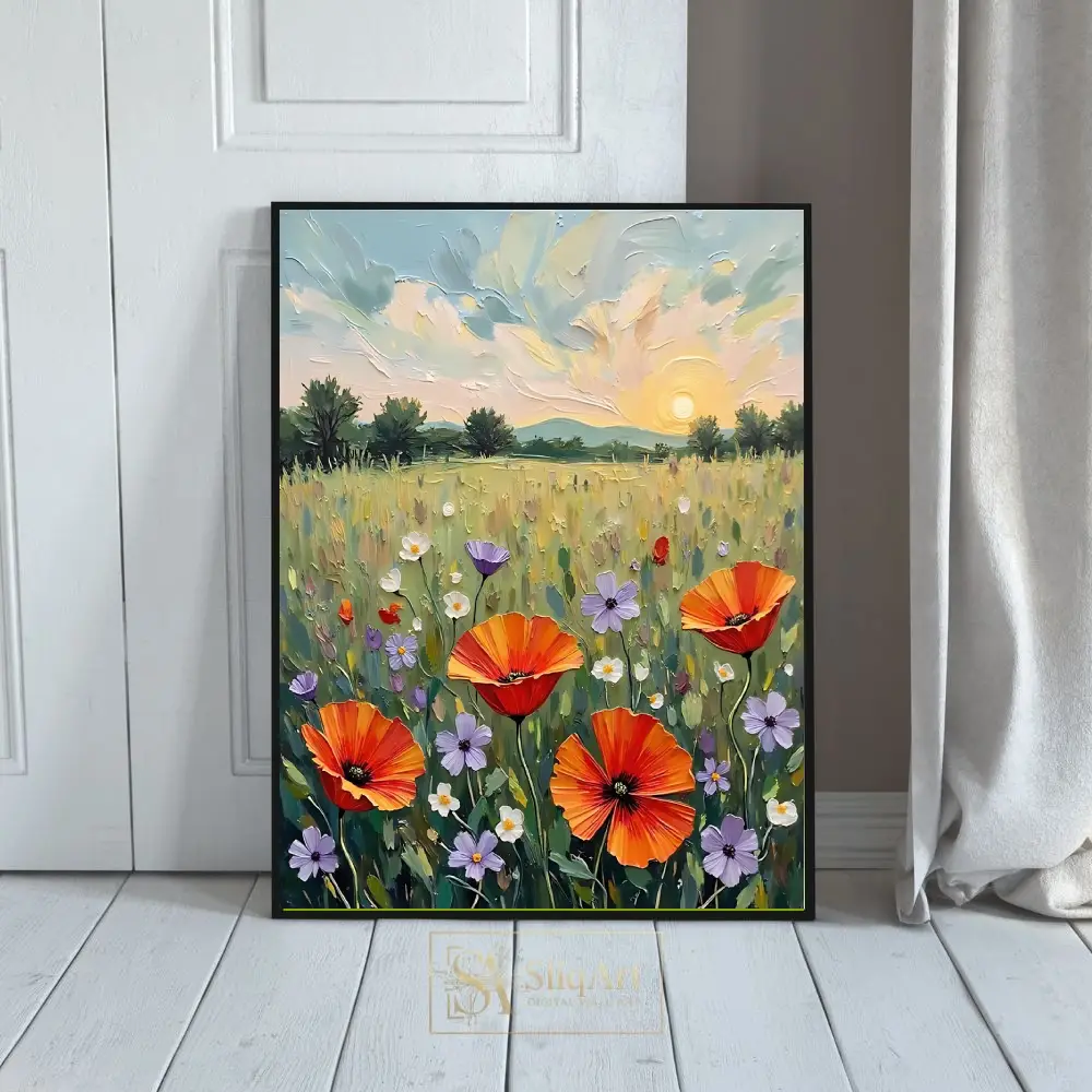 Impressionist Sunset Wildflower Meadow Canvas Art - Orange Poppies & Purple Blooms