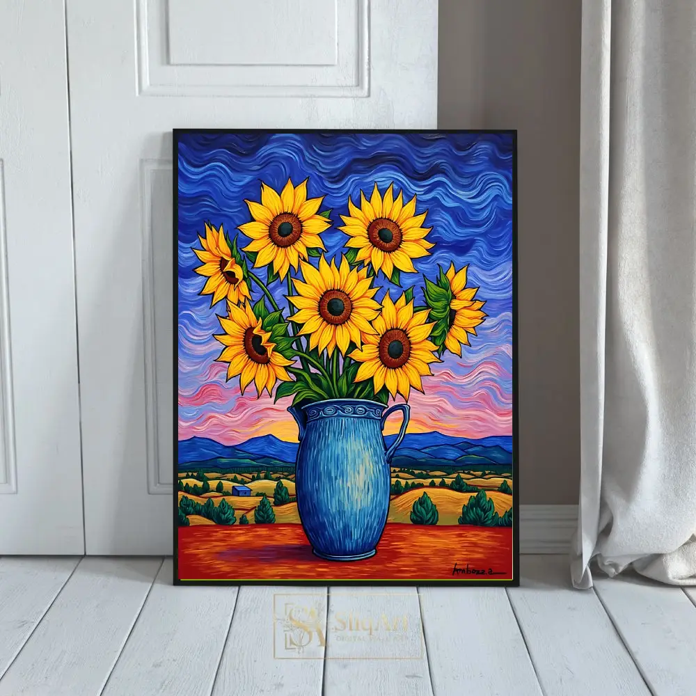 Vibrant Sunflower Bouquet in Blue Vase - Post-Impressionist Canvas Art