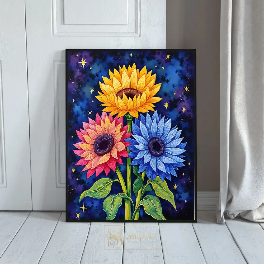 Celestial Sunflowers Wall Art - Vibrant Floral Trio under Starry Sky