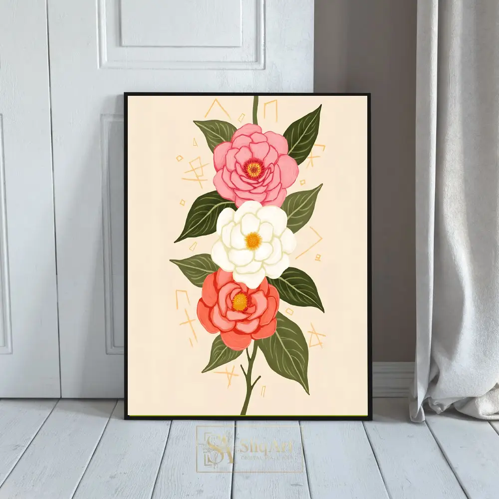 Botanical Bloom with Mystic Runes Wall Art - Pink, White, and Red Camellias