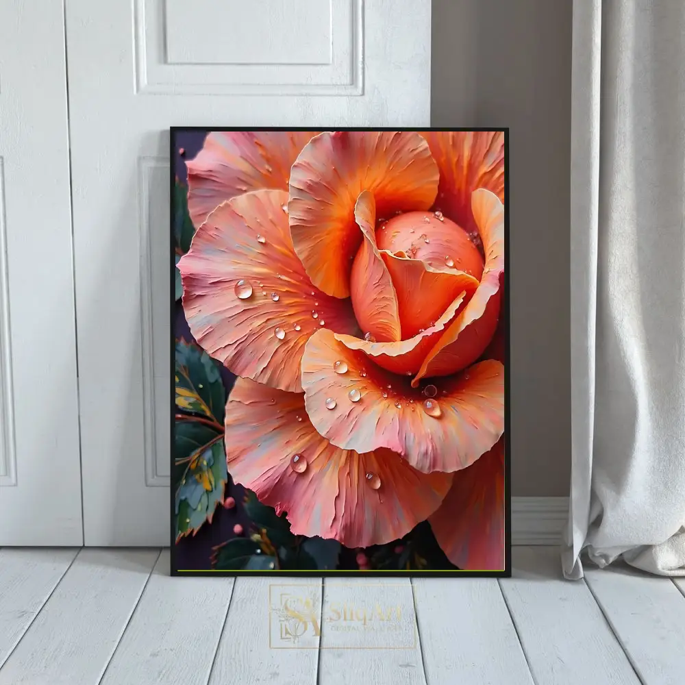 Sunset Orange Textured Rose with Dewdrops Canvas Wall Art